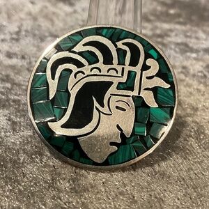 Vintage Green Turquoise and 925 Mexico Silver Warrior Head Pin / Pendant